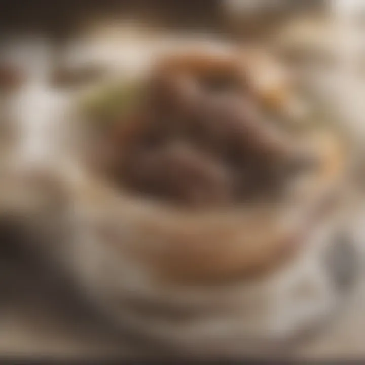 A close-up of caramel drizzled over a gourmet dessert