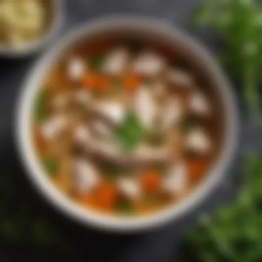 A vibrant bowl of chicken soup garnished with fresh herbs