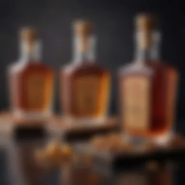 An artistic arrangement of bourbon bottles surrounded by caramel drizzles and sea salt flakes