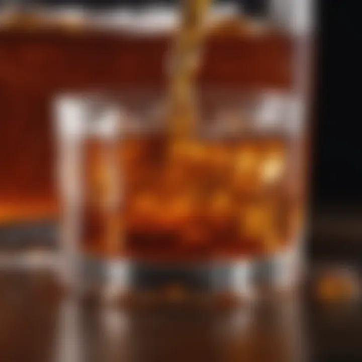 A close-up of a glass filled with salted caramel bourbon, showcasing the rich amber color and a drizzle of caramel