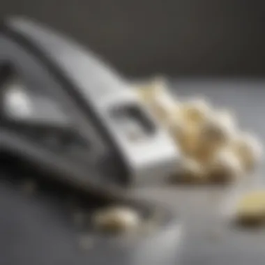 Close-up of the Oxo garlic press showcasing its stainless steel finish and ergonomic design