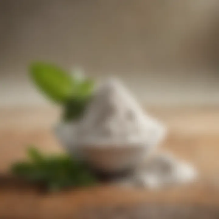 A close-up view of a spoonful of stevia powder, showcasing its unique texture and purity.