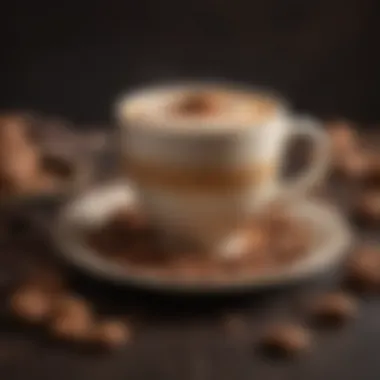 Gourmet Hazelnut Coffee An elegant cup of hazelnut coffee garnished with a sprinkle of cocoa powder.