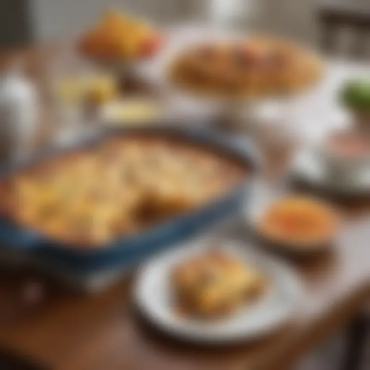 A beautifully set breakfast table featuring slices of egg casserole alongside fresh fruit.