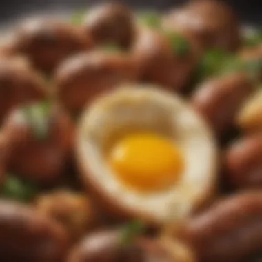 Close-up of savory sausage pieces mixed into a fluffy egg base, showcasing texture.