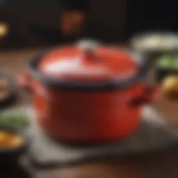 A vibrant small enamel Dutch oven with a lid, showcasing its elegant design.
