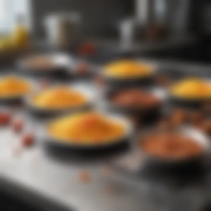 An artistic representation of various cooking techniques employed on flat surfaces, highlighting the versatility of preparation.