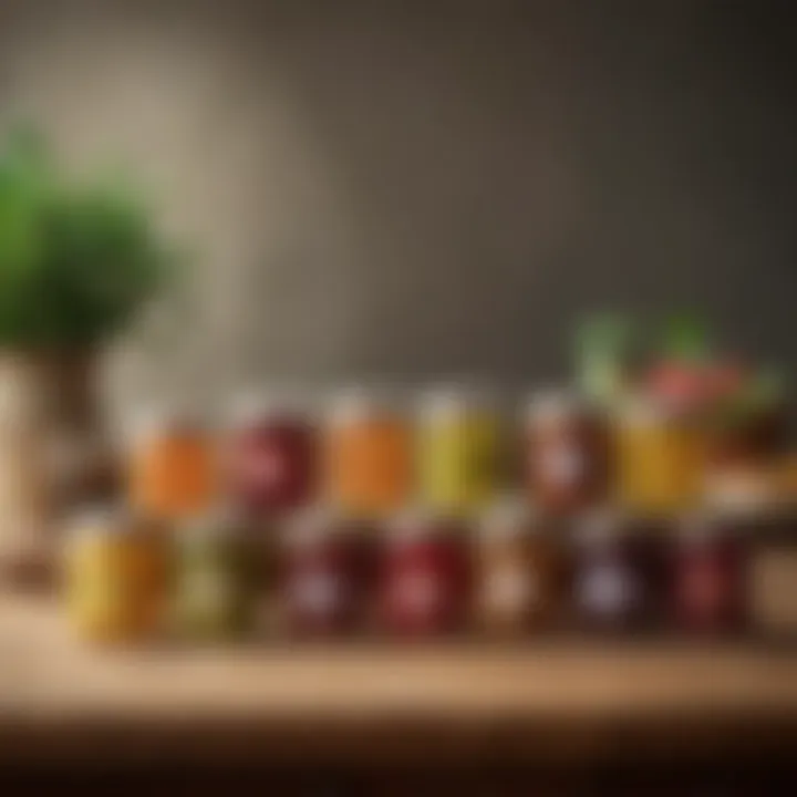 A collection of colorful miniature jam jars displayed elegantly on a wooden table