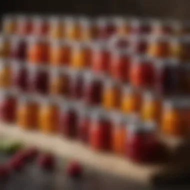 Miniature jam jars filled with various fruit preserves, showcasing vibrant colors