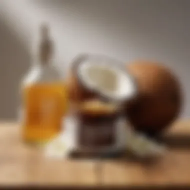 Beauty Products with Coconut Oil A selection of beauty products featuring coconut oil on a wooden surface