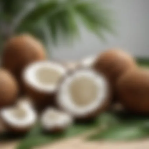 A jar of natural coconut oil surrounded by fresh coconuts and leaves