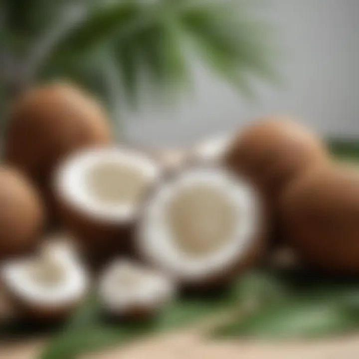 A jar of natural coconut oil surrounded by fresh coconuts and leaves
