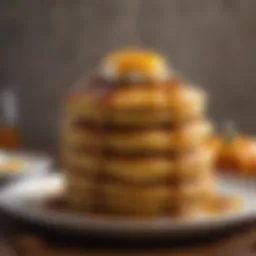 A stack of fluffy pumpkin pancakes topped with a drizzle of maple syrup and a sprinkle of cinnamon