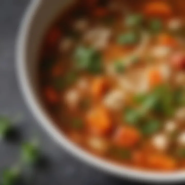 A close-up of a steaming bowl of veggie soup garnished with fresh herbs.