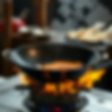 Wok Grill Pan Over Open Flame Wok grill pan placed over an open flame