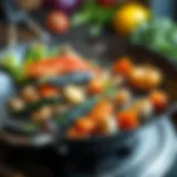 Wok grill pan with vibrant vegetables and seafood