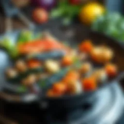 Wok grill pan with vibrant vegetables and seafood