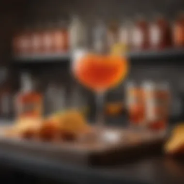 A stylish bar setup featuring Aperol cocktails and garnishes