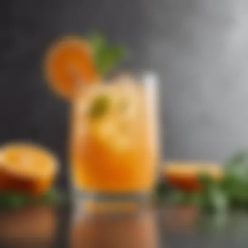 Elegant glass of orange smash cocktail garnished with fresh herbs and citrus.