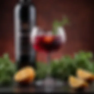 Elegant Red Wine Cocktail Presentation A sophisticated red wine cocktail garnished with fresh herbs and citrus