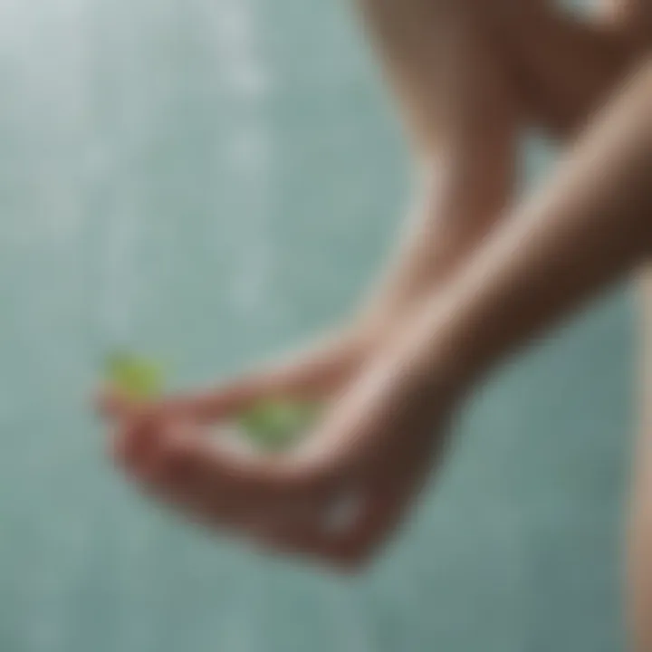 Close-up of a hand dropping a shower mint into running water