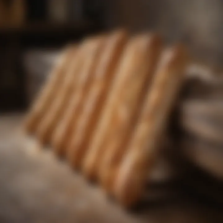 Traditional French baguettes lined up in a rustic bakery