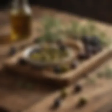 An elegant arrangement of olives and olive oil on a rustic wooden table.