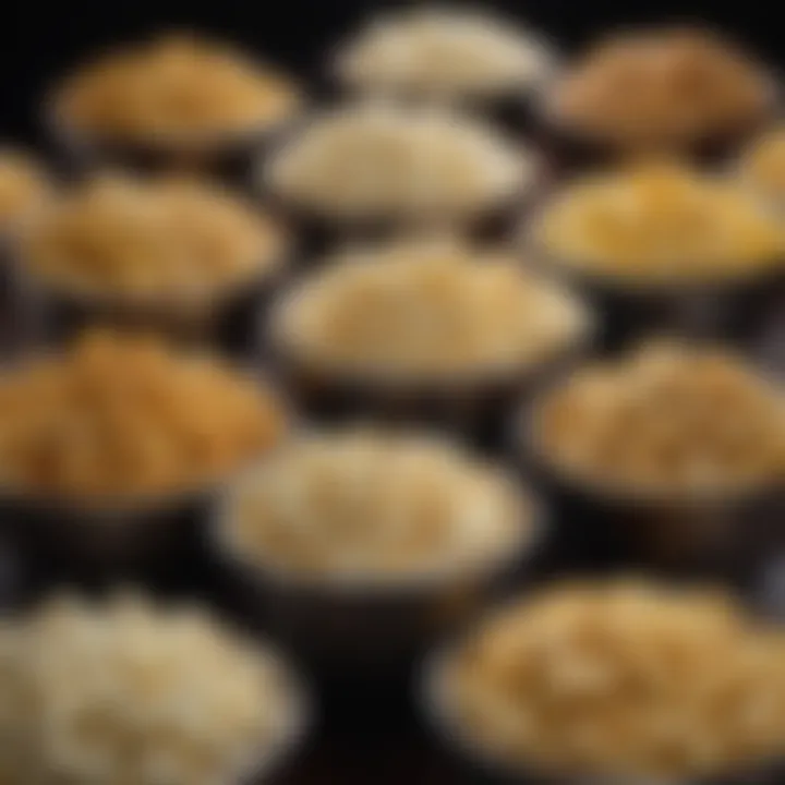 An array of different flavored popcorn varieties displayed in decorative bowls.