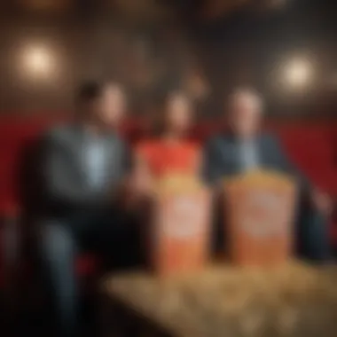 A vintage cinema setting featuring patrons enjoying popcorn while watching a film.