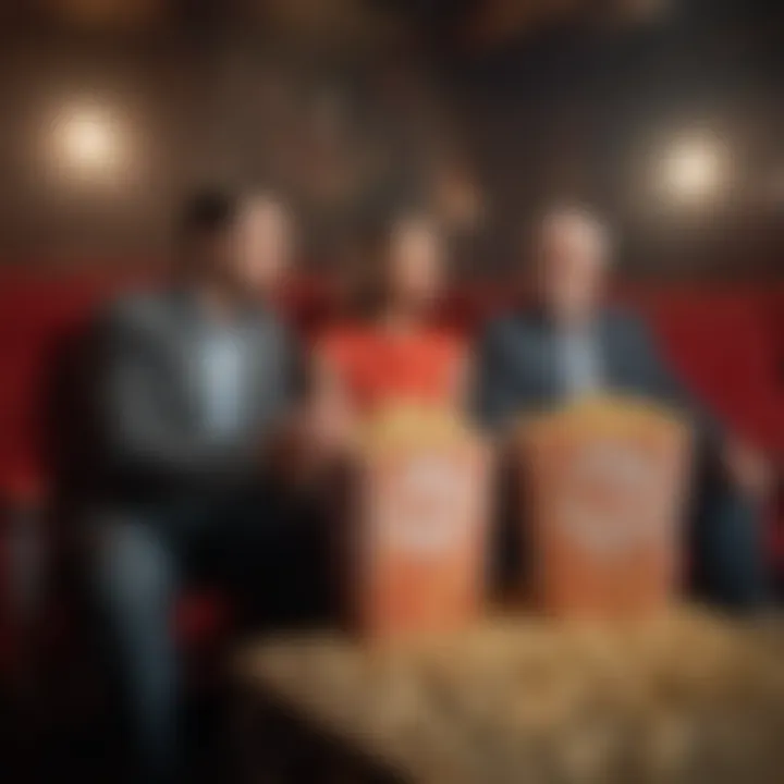 A vintage cinema setting featuring patrons enjoying popcorn while watching a film.