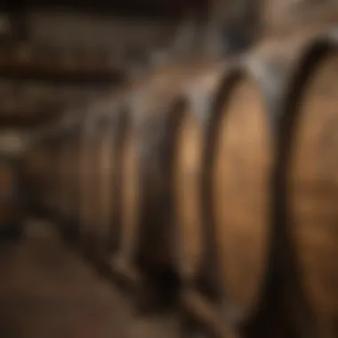 Detailed view of bourbon barrels in a distillery