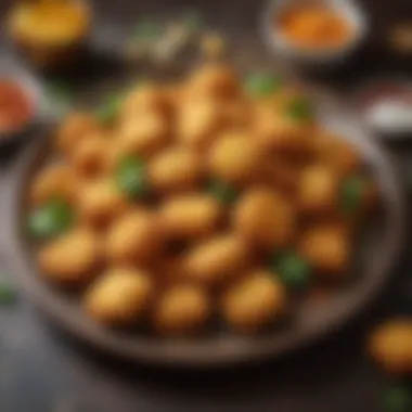 A close-up of an array of colorful vegan chicken nuggets served on a rustic plate