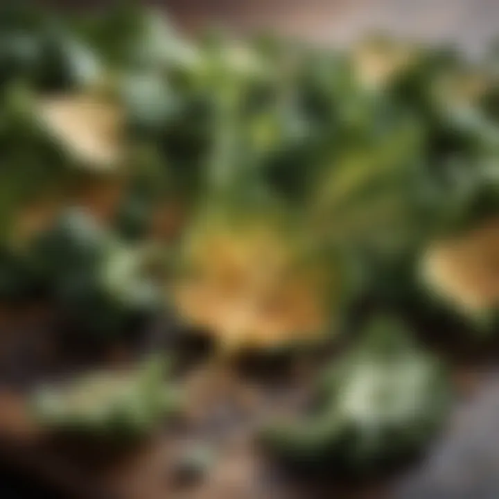 Close-up of kale chips sprinkled with seasoning