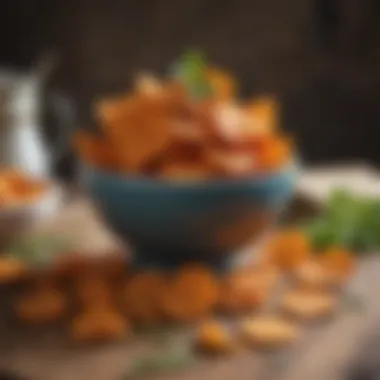 A vibrant bowl of homemade sweet potato chips garnished with herbs