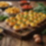 A colorful arrangement of vegetarian egg bites on a rustic wooden table, showcasing various toppings.