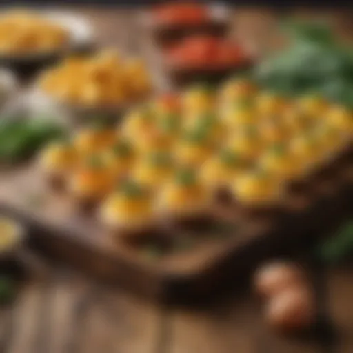 A colorful arrangement of vegetarian egg bites on a rustic wooden table, showcasing various toppings.