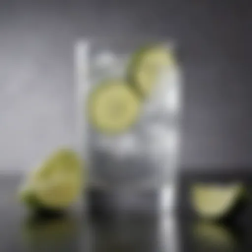 A sophisticated glass of vodka and soda garnished with a lime slice