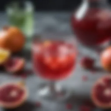 An artistic spread of Vodka Pomegranate Punch ingredients including pomegranate seeds and vodka