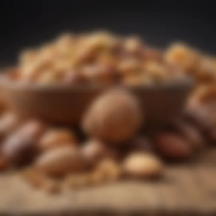 An assortment of nuts displayed in an elegant manner on a wooden table.