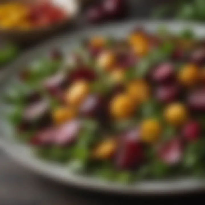 A colorful salad featuring fried beets and greens