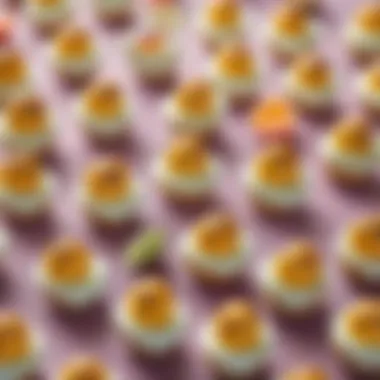 A close-up of gourmet Easter egg-inspired bite-sized appetizers, elegantly garnished.