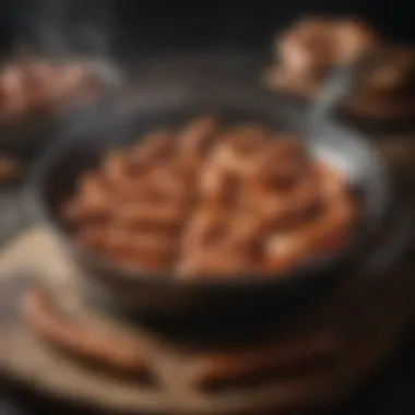 Close-up of sizzling little sausages in a skillet.