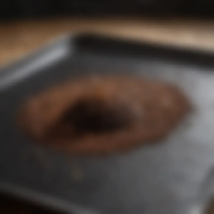 A close-up of coffee grounds being spread in a thin layer on a baking tray