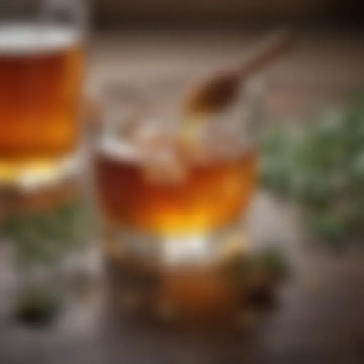 Artistic arrangement of whiskey, honey, and herbs, illustrating flavor components.