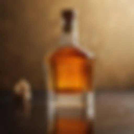 A golden bottle of honey whiskey highlighting the rich color and texture.