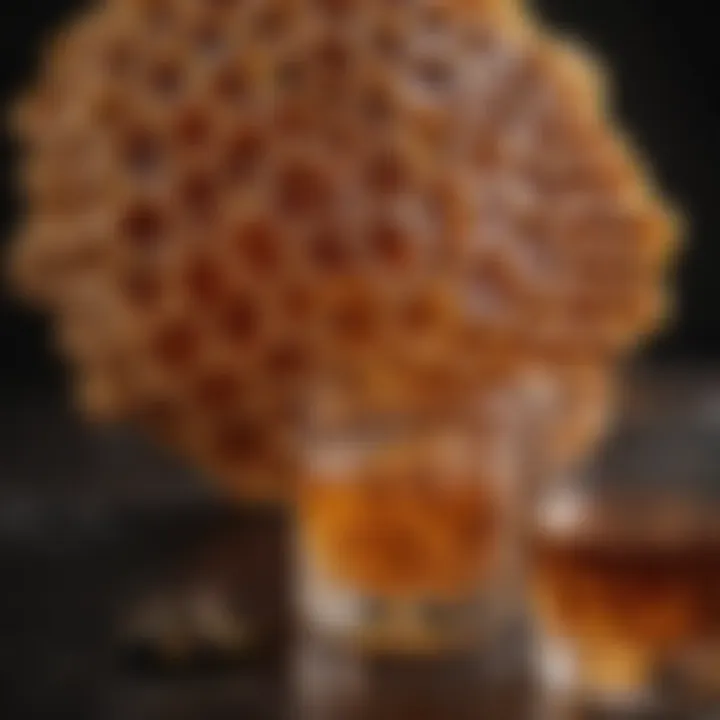 Close-up of fresh honeycomb alongside a glass of whiskey demonstrating key ingredients.