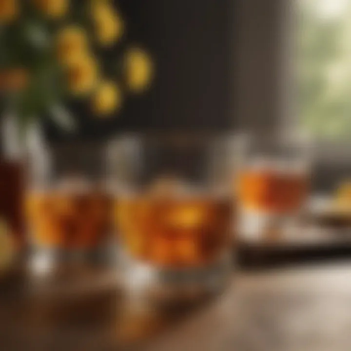 An elegant display of whiskey glasses filled with honey whiskey, surrounded by natural elements.