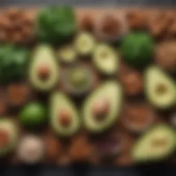A variety of keto-friendly foods including avocados, nuts, and leafy greens