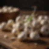 Fresh garlic bulbs arranged on a wooden surface