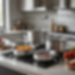Elegant induction base stainless steel cookware set displayed on a modern kitchen countertop.